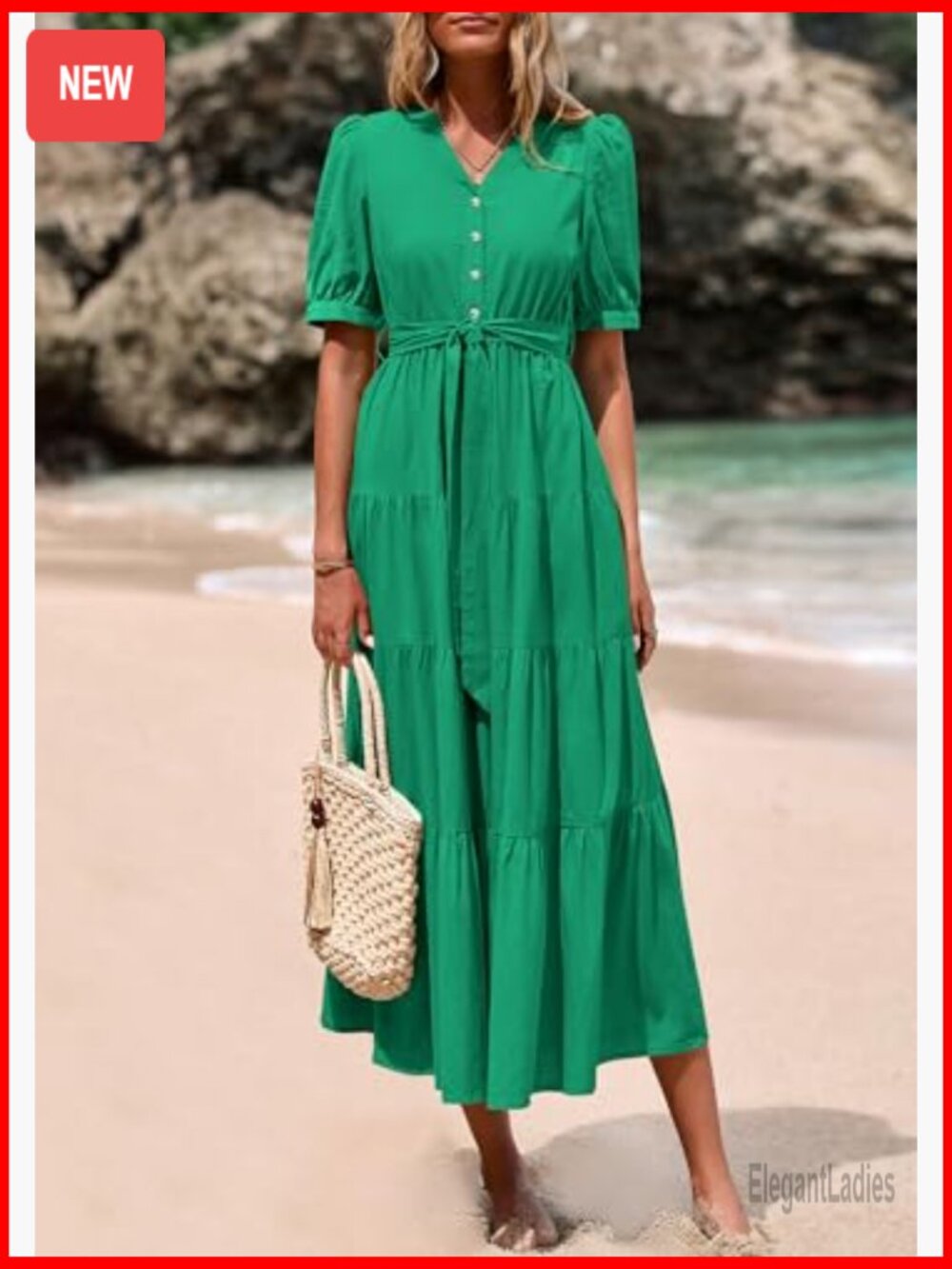 Short Sleeve V Neck Ruffle A Line Midi Dress with Belt - Picture 3 of 7
